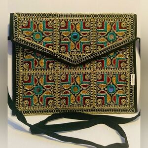 Embroidered Multicolor Clutch Bag with Mirror Accents